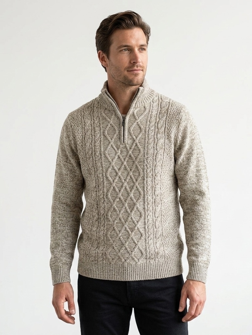 NWT Emerald Isle Ireland Kinsale Quarter Zip Cable Knit Sweater Oatmeal Medium